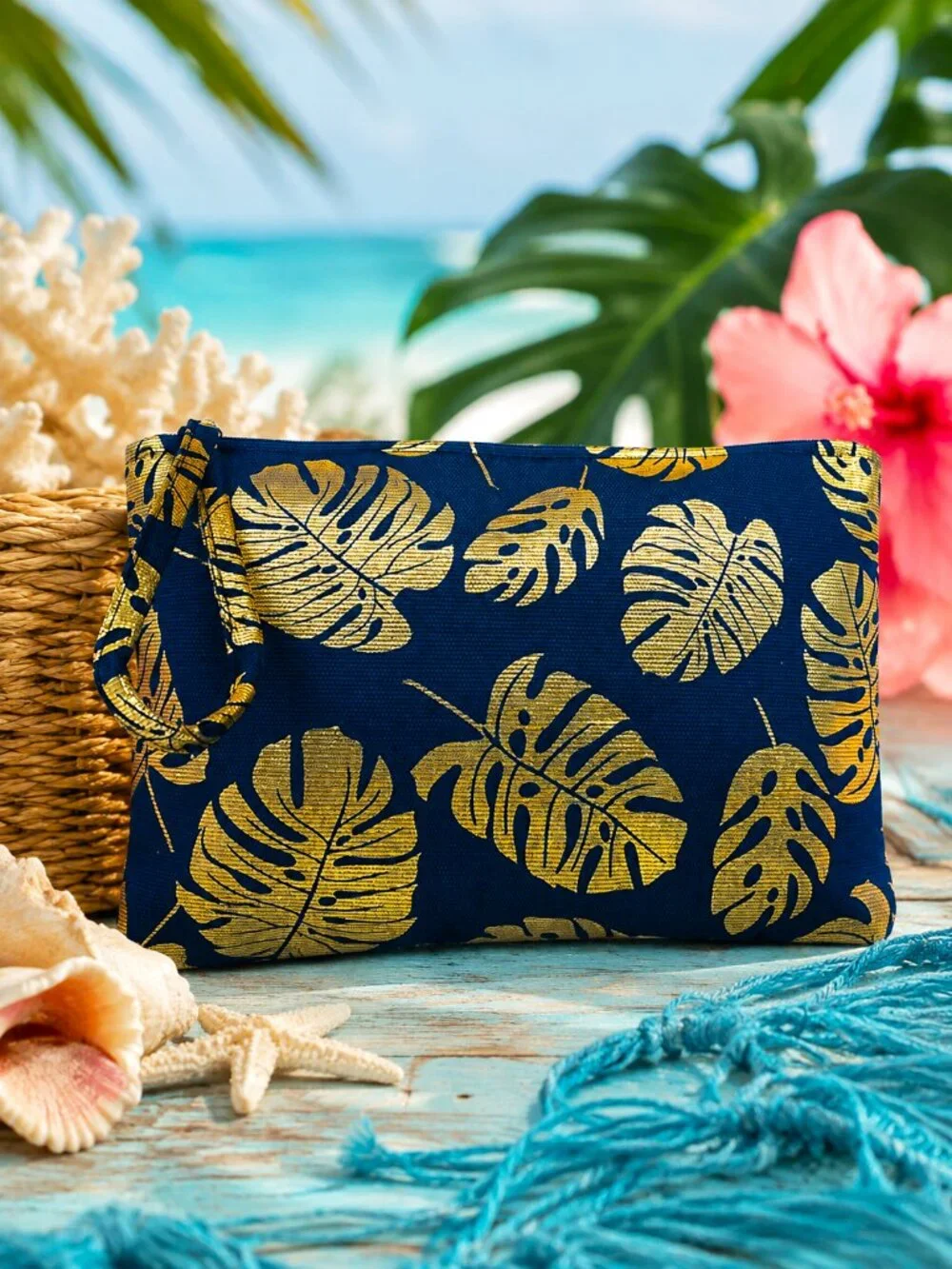 Wristlet Clutch Pouch Navy Blue & Gold Tropical Monstera Palm Leaf Coastal Beach